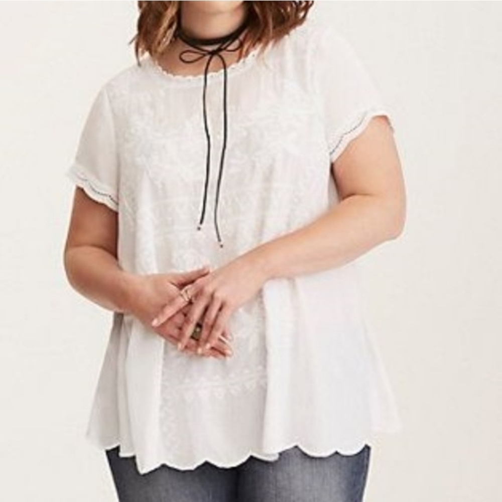 Embroidered White Scalloped Blouse